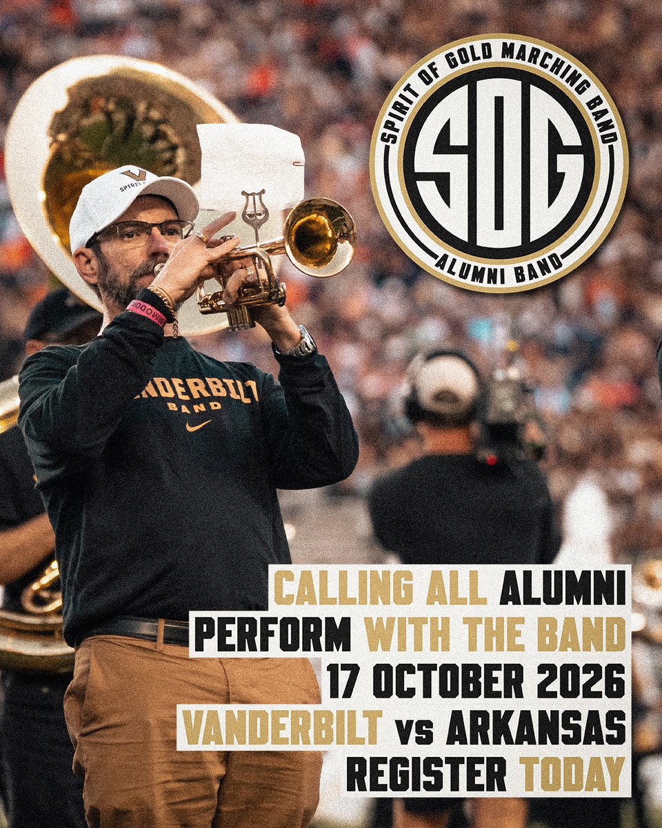 vandybands's tweet photo. 🚨 CALLING ALL ALUMNI! 🚨
Join the Spirit of Gold for ALUMNI BAND this Fall!
🗓️ October 17th
🏈 @VandyFootball vs Arkansas
🔗 Registration: https://t.co/YzBhu5ebs1
🎟️ Tickets: https://t.co/Tw4PLlevnh
ℹ️ More Info: https://t.co/mckdweVQyH

⚓️⬇️ #AnchorDown #SOGILTB https://t.co/lR1oghjmc9