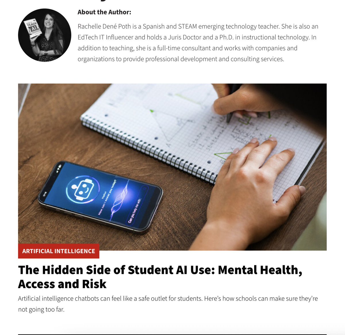 Rdene915's tweet photo. My article for @EdTech_K12 Magazine about #AI use and student impact. Thanks to Dr. Buddy Berry, Dr. Kristen Mattson, @NancyeBlackEdu, and Jessica Gillespie for some insights. https://t.co/t4Ub9FpqXH #education #edchat #edtech #school #backtoschool #edleaders @ISTE_ASCD https://t.co/2dLIbls3ud