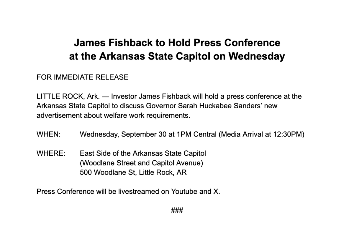 j_fishback's tweet photo. I will hold a press conference in Little Rock tomorrow about Governor Sarah Huckabee Sanders' false and disgraceful ad. https://t.co/kIWTO7gj1l