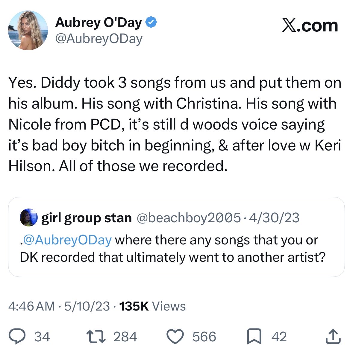 beachboy2005's tweet photo. Some Danity Kane tea to spill ☕️ 

The diddler would use DK to record songs and then give them to other artists. Either taking away a good song from DK or using them to record demo vocals. 

I want a Tell Me, Aubrey’s version. (@AubreyODay 👀 for a future performance?) https://t.co/BDJNW7O5Qo