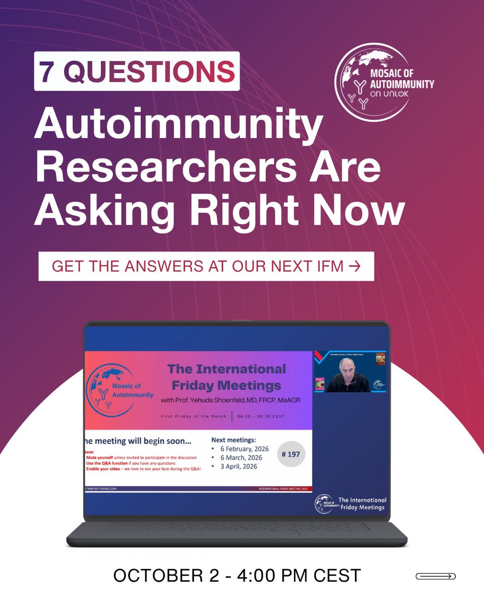 autoimmunitymd's tweet photo. Seven researchers, seven open questions in autoimmunity science. Swipe through, then join us live for the answers.
🗓️ October 2, 4:00 PM CEST
🔗 Save your seat:
https://t.co/GnNHDSj2VU
#IFM #MosaicofAutoimmunity #KenesEducation #UNLOKEducation https://t.co/TPUUMielS0