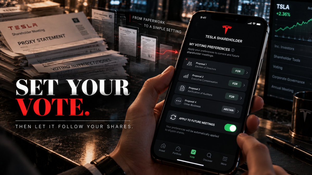 TEX_Wallet's tweet photo. 👀Tesla wants retail investors to stop ghosting shareholder votes

With Robinhood, Tesla is testing a much simpler way to vote as a shareholder: 
Set your preferences once → they carry into future meetings → change any individual vote whenever you want → and you can also opt out anytime, so you’re not handing over control

The bigger part is the SEC decision 
Its no-action position isn’t just about Tesla. Other public companies could use the same framework, turning shareholder voting from paperwork people ignore into something closer to an app setting

Would easier voting actually make you participate?