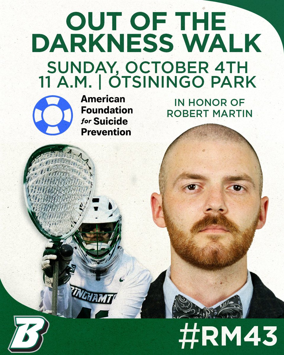 BinghamtonMLAX's tweet photo. On Sunday, we are taking part in @afspnational's Out of the Darkness Walk. We will honor our teammate Robert Martin while raising awareness and reducing the stigma surrounding mental health.

To learn how to donate, click on the link below.

🔗- https://t.co/sLfcWGuJqw

#RM43 https://t.co/jPd0TdaG2p