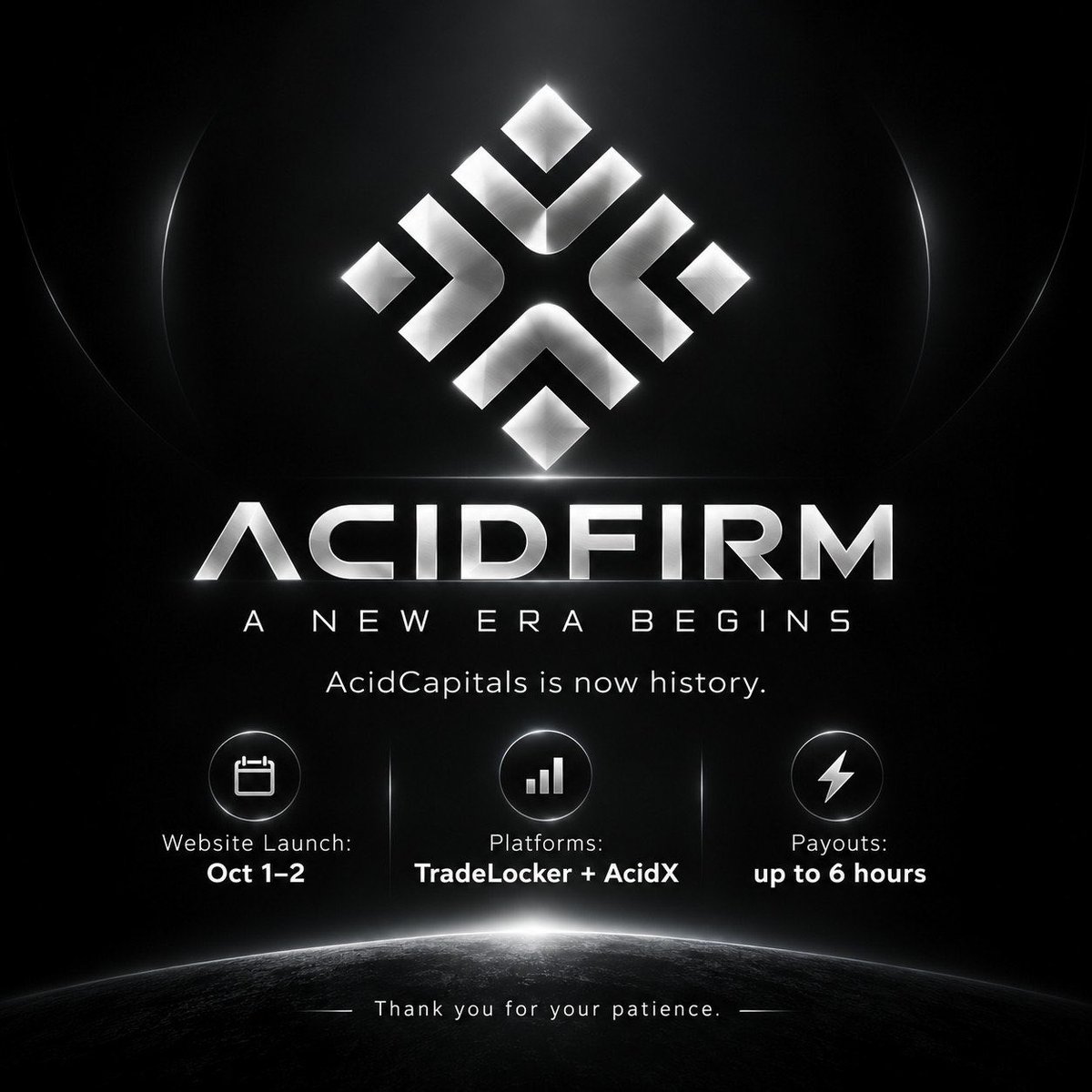 acidpropfirm's tweet photo. AcidCapitals is history. AcidFirm is a new beginning.
Existing eligible traders will receive new accounts after launch.
Launch: Oct 1–2
Platforms: TradeLocker + AcidX
Payouts: Up to 6 hours  
Fewer unnecessary rules. Faster service. Better experience.
Welcome to the new era https://t.co/1IXFkWHqbJ