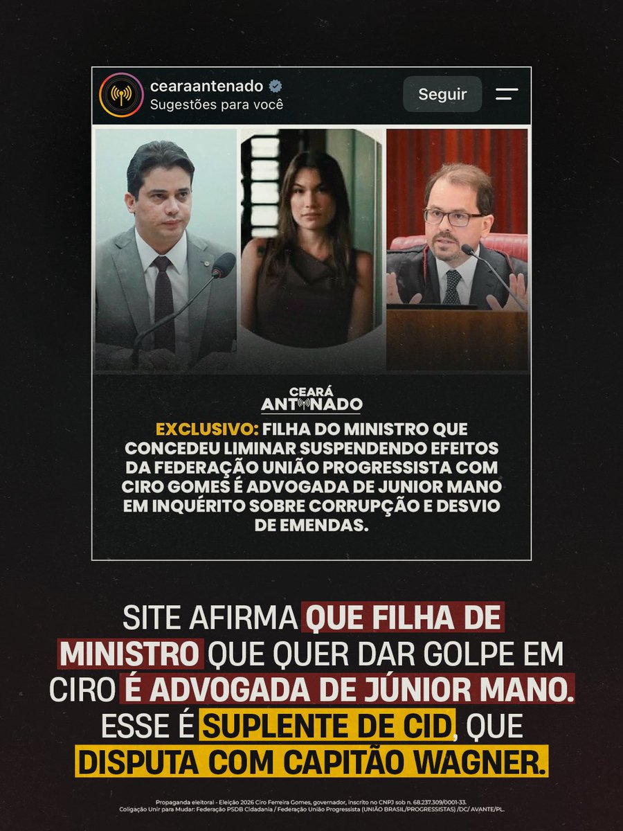 cirogomes's tweet photo. Atenção! Está em marcha uma tentativa de Golpe Judicial contra a nossa candidatura. 

Em uma decisão monocrática,  um ministro do TSE tenta retirar da nossa coligação a Federação União Brasil e PP. 

Faltando 5 dias para a eleição, tentam de tudo para impedir nossa vitória. 

A ação é tão despudorada, que o ministro é pai da advogada de Junior Mano, candidato a suplente de senador na chapa de Cid Gomes. 

Júnior Mano, todos já conhecem! Investigado por corrupção e ligação com facções criminosas. 

A decisão visa proibir Capitão Wagner e RC de fazerem campanha. 

Repito, faltando 5 DIAS para a  ELEIÇÃO. 

O SISTEMA INTEIRO SE UNIU PRA NOS DERROTAR, MAS O POVO SE LEVANTOU AO NOSSO LADO. 

VAMOS DOMINGO PARA UMA VITÓRIA HISTÓRICA.