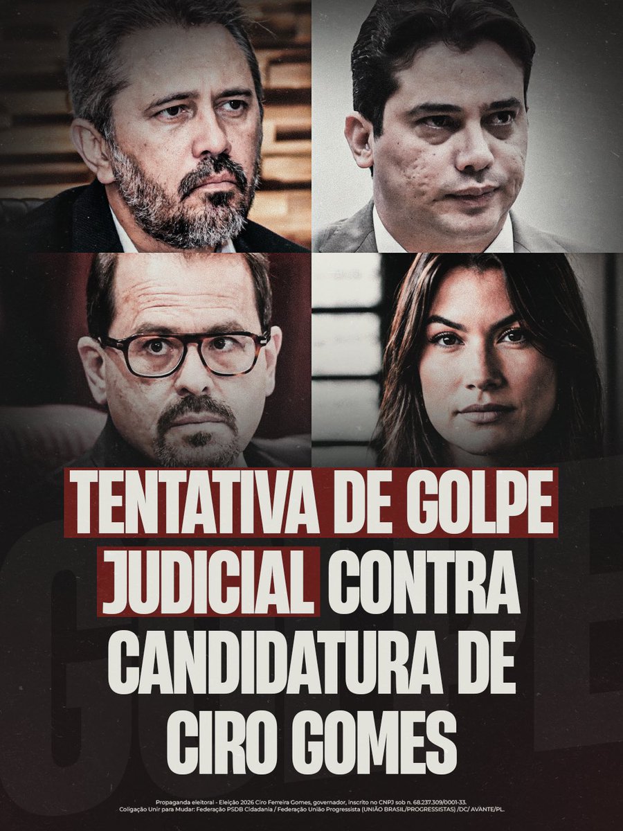 cirogomes's tweet photo. Atenção! Está em marcha uma tentativa de Golpe Judicial contra a nossa candidatura. 

Em uma decisão monocrática,  um ministro do TSE tenta retirar da nossa coligação a Federação União Brasil e PP. 

Faltando 5 dias para a eleição, tentam de tudo para impedir nossa vitória. 

A ação é tão despudorada, que o ministro é pai da advogada de Junior Mano, candidato a suplente de senador na chapa de Cid Gomes. 

Júnior Mano, todos já conhecem! Investigado por corrupção e ligação com facções criminosas. 

A decisão visa proibir Capitão Wagner e RC de fazerem campanha. 

Repito, faltando 5 DIAS para a  ELEIÇÃO. 

O SISTEMA INTEIRO SE UNIU PRA NOS DERROTAR, MAS O POVO SE LEVANTOU AO NOSSO LADO. 

VAMOS DOMINGO PARA UMA VITÓRIA HISTÓRICA.