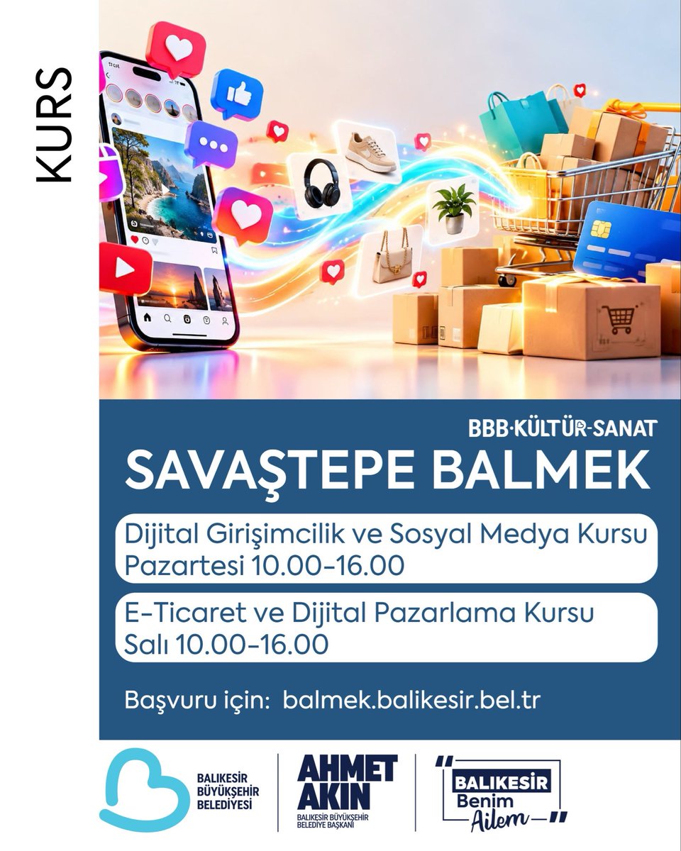 bbb_kultur's tweet photo. Balıkesir Büyükşehir Belediyesi bünyesinde BALMEK E-Ticaret ve Sosyal Medya Eğitimleri ilçelerimizde başlıyor. Merkez ilçelerimizde gerçekleştirdiğimiz eğitimleri 2026 yılında Balıkesir’in farklı ilçelerine taşıyoruz.

@ahmetakin @balikesirbld https://t.co/4g65I0IUwo