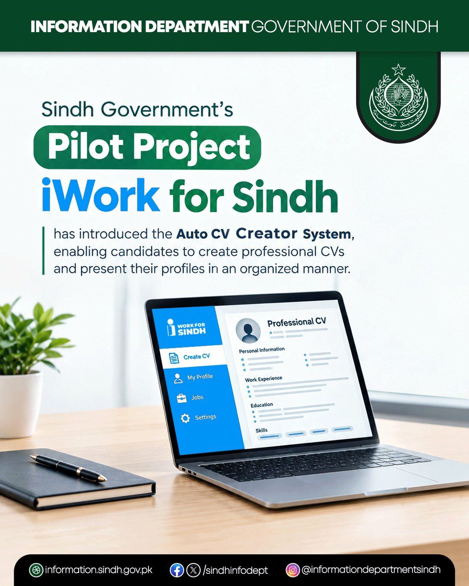 sindhinfodepart's tweet photo. Sindh Government’s pilot project, iWork for Sindh, has introduced the Auto CV Creator System, enabling candidates to prepare professional CVs and present their profiles in a more organized and effective manner. Through the use of modern technology, the initiative is enabling young people to apply for employment opportunities more effectively. The Sindh Government continues to expand access to employment opportunities, skills development, professional training, and career guidance for young people.