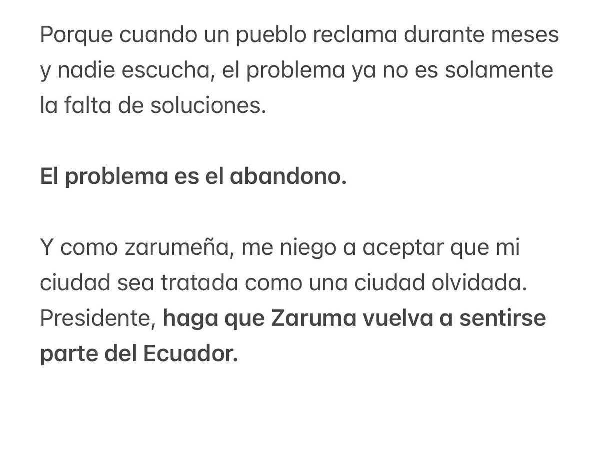 danielahidalgom's tweet photo. Presidente @DanielNoboaOk,

Le escribo como zarumeña, con preocupación, pero también con el dolor de ver cómo mi ciudad, #Zaruma, la ciudad que amo y que llevo en el corazón, parece haberse quedado sola.

Y como día a día la luz de la Sultana de El Oro se va apagando. https://t.co/X84eZrz7aX