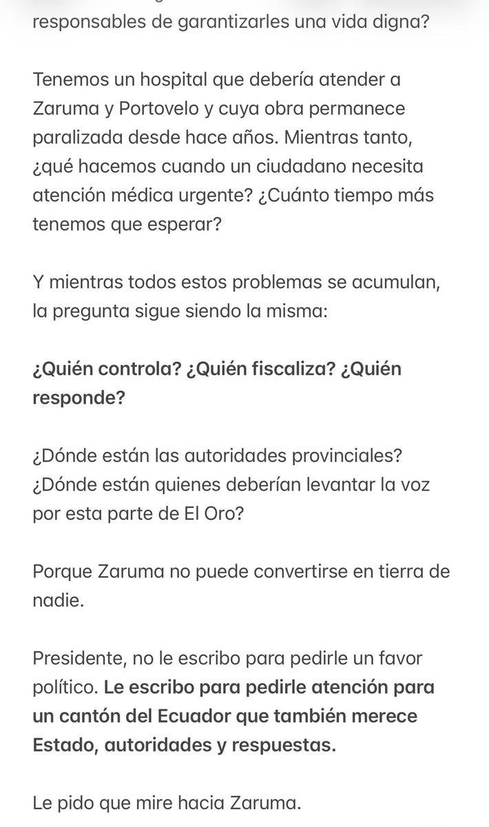 danielahidalgom's tweet photo. Presidente @DanielNoboaOk,

Le escribo como zarumeña, con preocupación, pero también con el dolor de ver cómo mi ciudad, #Zaruma, la ciudad que amo y que llevo en el corazón, parece haberse quedado sola.

Y como día a día la luz de la Sultana de El Oro se va apagando. https://t.co/X84eZrz7aX