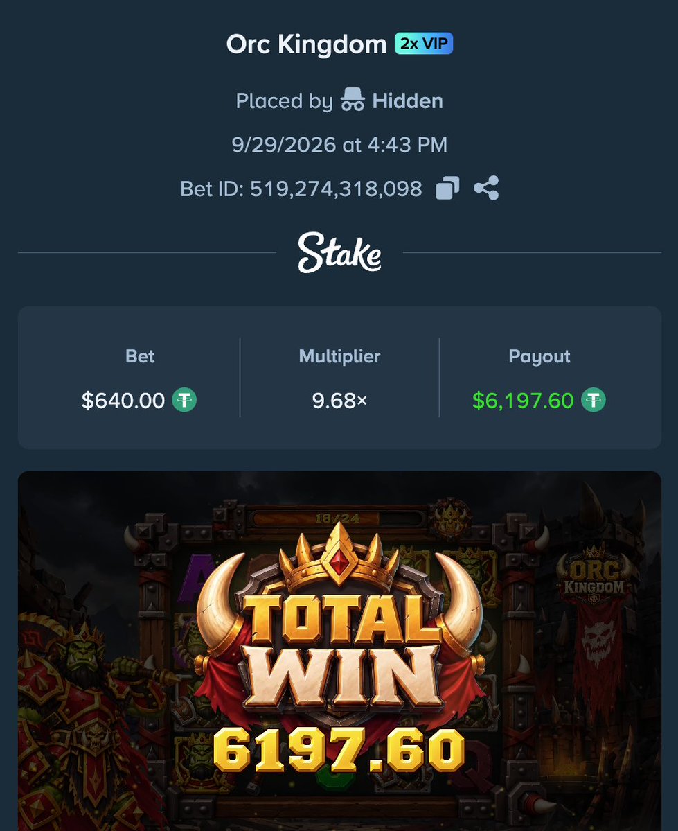 shadduction's tweet photo. 😈 Mystery Feature revealed 5 Scatters on Orc Kingdom and walked away with a $6,197.60 payout. 👑💰 @Stake @StakeUsa 
I’d take that mystery any day. 😅