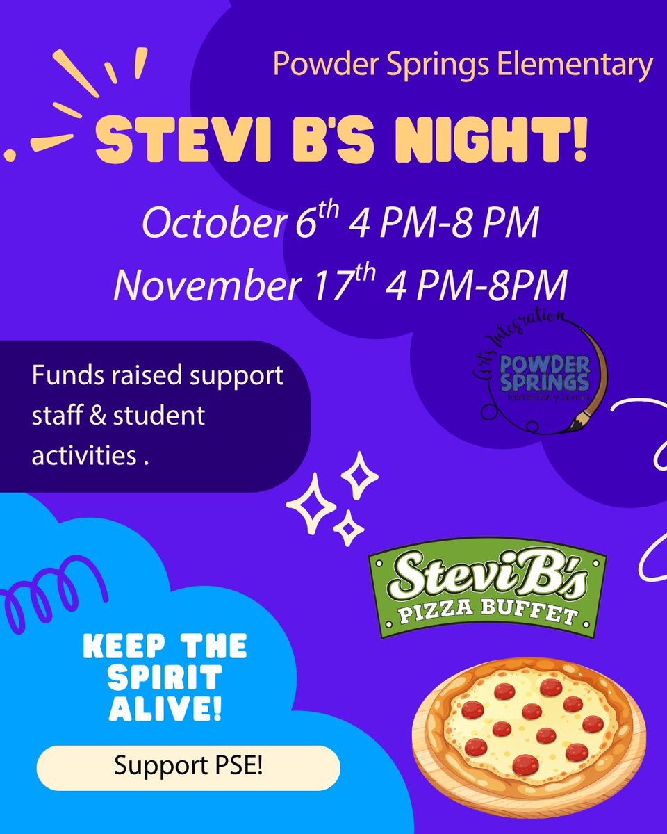 PowderSpringsES's tweet photo. Panther Nation 🐾 , we're starting something new. We need everyone to come out to our fundraising night at Stevi B's 🍕 in Hiram on Tuesday, October 6th &amp; Tuesday, November 17th from 4 PM-8 PM. https://t.co/QPoVB0QcFU