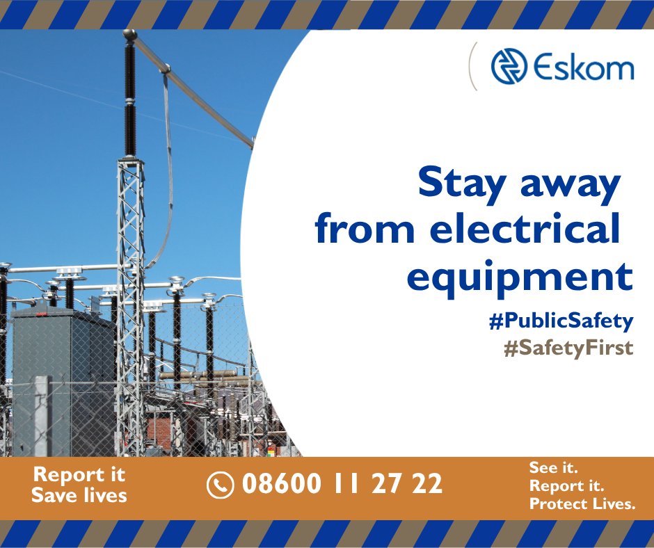 Eskom_SA's tweet photo. Stay away from electrical equipment!

Never touch, tamper with or climb on lines, transformers or substations. Treat everything as live.

To report electricity theft or vandalism, call the Eskom crime line at 0800 11 27 22 (toll-free) / SMS 31090 / WhatsApp 081 333 3323. https://t.co/5vcAulwtjL