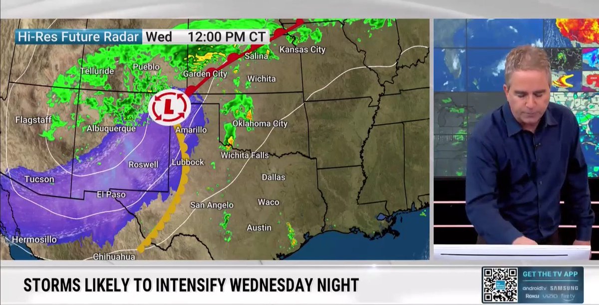 A weather presenter stands beside a "Hi-Res Future Radar" map showing storms intensifying Wednesday at 12:00 PM CT across New Mexico, West Texas, and surrounding areas near Amarillo, Lubbock, and Albuquerque. The on-screen text reads "STORMS LIKELY TO INTENSIFY WEDNESDAY NIGHT," with a QR code promoting a TV app for androidtv, SAMSUNG, Roku, vizio, and fireTV platforms.