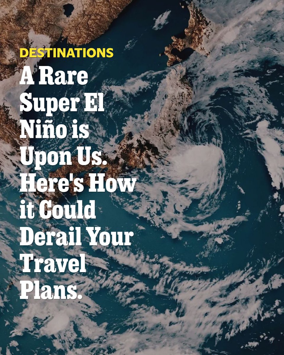 outsidemagazine's tweet photo. A Rare Super El Niño with "Godzilla Strength" Is Upon Us. Here's How it Could Derail Your Travel Plans.

Forecasters say a super El Niño could bring historic storms, severe flooding, and global weather disruptions this fall and winter. We talk to experts to find out how it will affect major travel destinations and how you can protect your trip. https://t.co/49KTlJQBJh