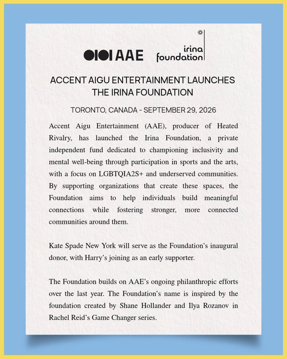 hudsonconnorupd's tweet photo. The Irina Foundation, originally launched by Shane Hollander and Ilya Rozanov in Rachel Reid’s Game Changers series, is now a reality. 🥹♥️

“Today, we're proud to introduce the Irina Foundation - a new initiative dedicated to championing inclusivity and mental well-being by creating opportunities for people to connect through sports and the arts.
The Foundation's name is inspired by the foundation created by Shane Hollander and Ilya Rozanov in Rachel Reid's Game Changer series. It's also about turning the sense of belonging we've found in this community into something that can create meaningful change in the real world.”

📲 via irinafoundationofficial on IG

🔗 https://t.co/tEvyPq84JD

🔗 https://t.co/YOyT6uFBbq

If you can donate, please do so: 

🇨🇦 https://t.co/MhKvagc39H

🇺🇸 https://t.co/ESotZ05Gag