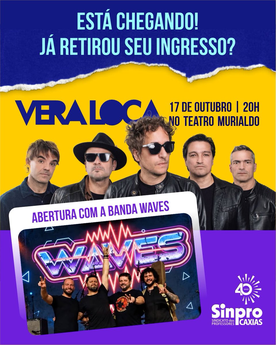 sinprocaxias's tweet photo. Novidade! 🎉
A banda Waves Experience, que toca clássicos do rock e pop, vai abrir o show da banda Vera Loca, no dia 17 de outubro. Será uma noite de muita música e diversão. Já retirou seu ingresso? Faça contato com a gente.
#SinproCaxias40anos #VeraLoca #WavesExperience https://t.co/1WESipKSLi