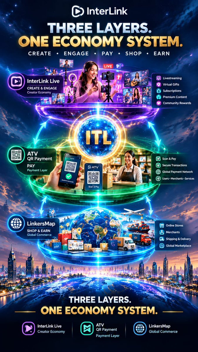BPithani21997's tweet photo. 🌐 Three layers, one connected economy.
🎥 InterLink Live — create, engage, and connect.
💳 ATV QR Payment — bringing payment into the ecosystem.
🛍️ LinkersMap — connecting global commerce and communities.
🚀 CREATE • ENGAGE •PAY SHOP EARN one ecosystem.
#InterLink #ITLG #ITL https://t.co/oJZJ0T5OU3