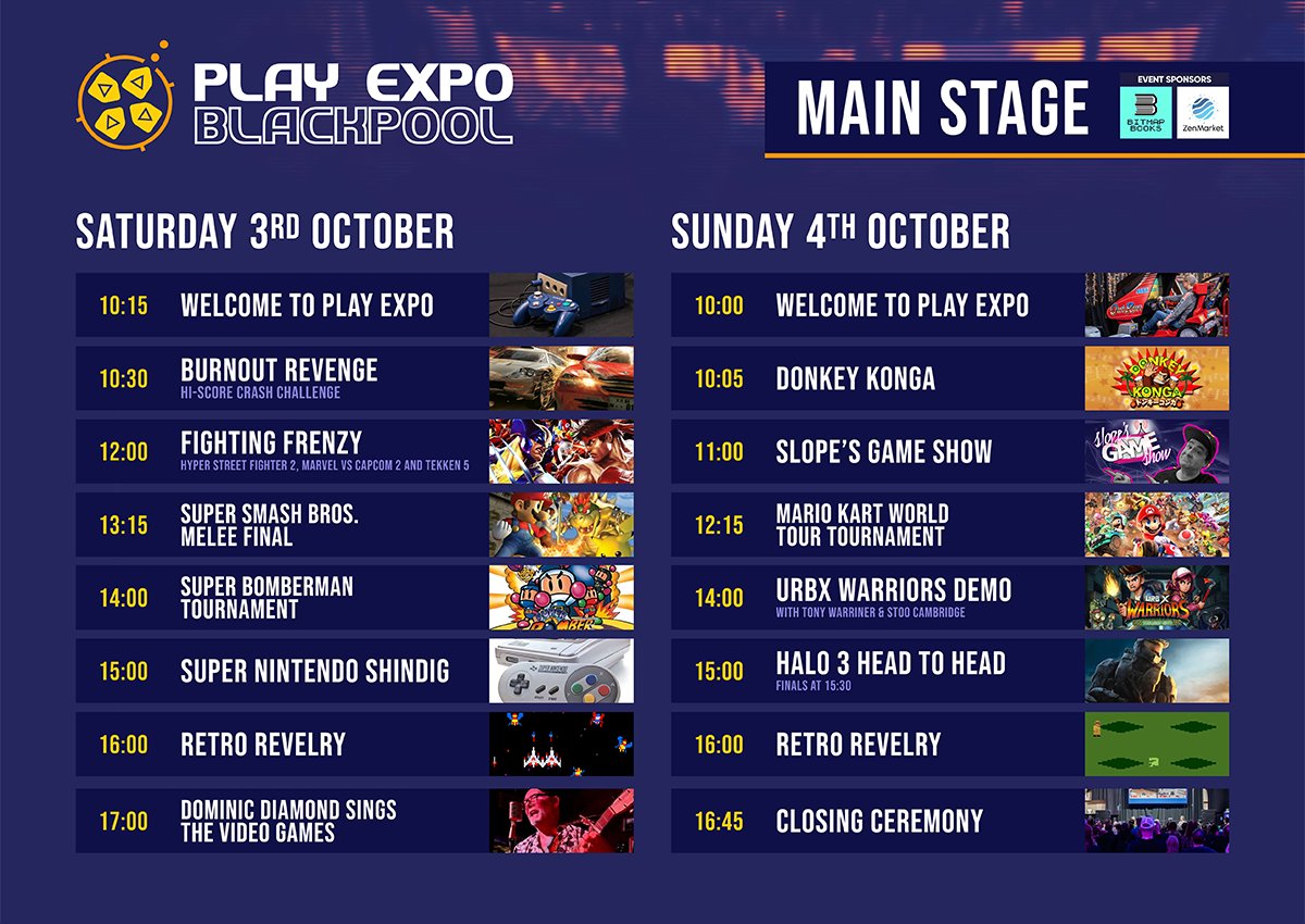 ReplayEvents's tweet photo. The updates are out, the games are locked in and loading, and the Norbreck is getting its retro facelift… which means it’s finally time to plan your weekend!

You can now check out the full schedules for the Main Stage, Connaught Suite talks, meet & greets and tournaments, plus the floorplan so you know where everything is.

(Post 1/2)