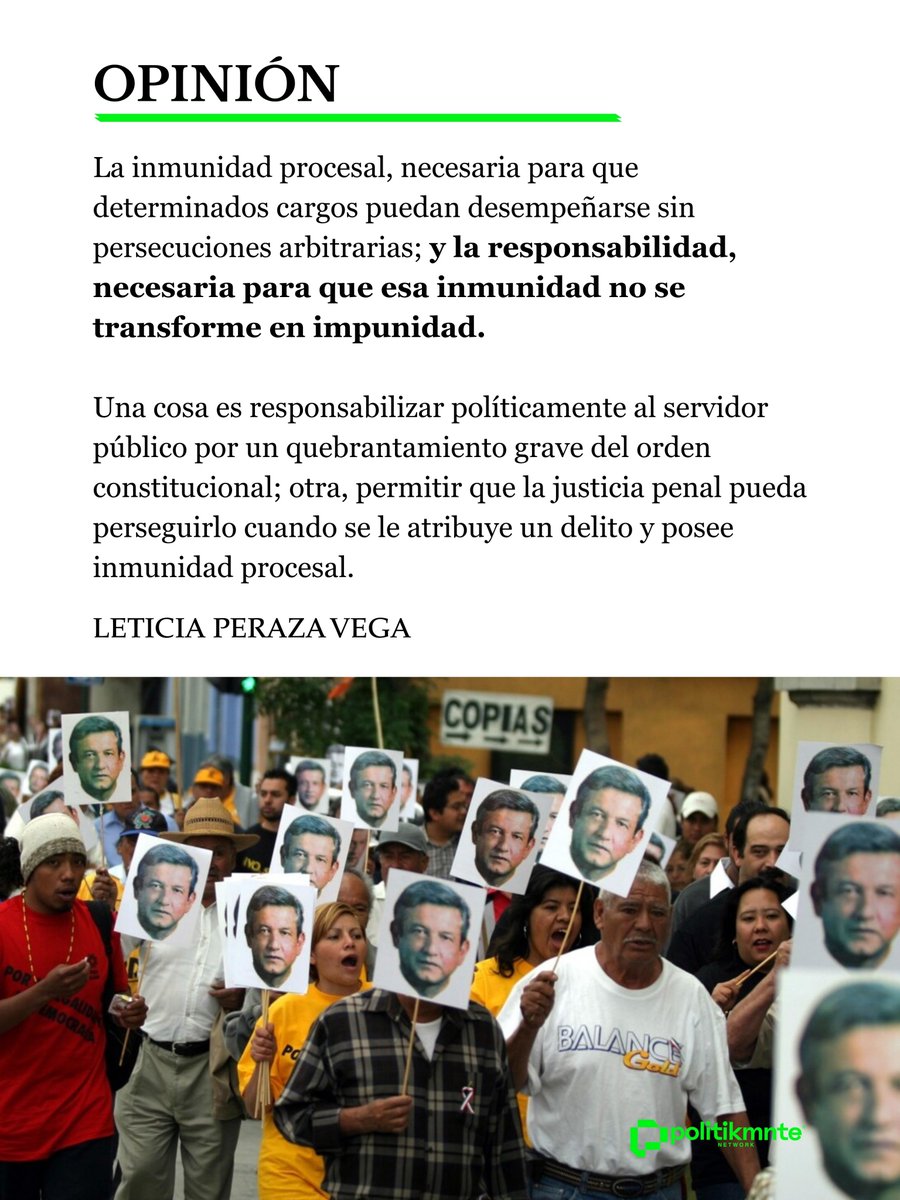 Politikmnte's tweet photo. #Opinión  🖊️ | En México, el juicio político y la declaratoria de procedencia, popularmente llamada “desafuero”, pertenecen al mismo sistema de responsabilidad de los servidores públicos, pero protegen bienes jurídicos distintos, tienen presupuestos distintos y producen consecuencias distintas.

✍️ Por @leticiaveega 

#Politikmnte  🗨️