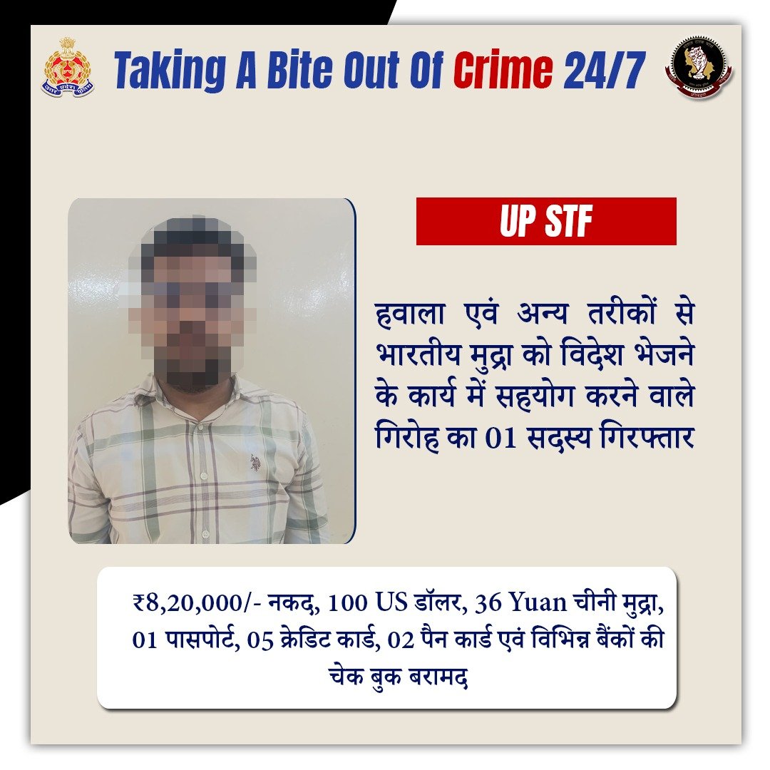 Uppolice's tweet photo. अपराध के प्रति जीरो टॉलरेंस—

चीनी नागरिक द्वारा भारत में अवैध रूप से रहकर कई Shell कम्पनियां बनाकर, हवाला एवं अन्य तरीकों से भारतीय मुद्रा को विदेश भेजने का कार्य किया जा रहा था। इस कार्य में सहयोग करने वाले गिरोह के सदस्य को @uppstf द्वारा करोल बाग, दिल्ली से गिरफ्तार किया गया है। अभियुक्त के कब्जे से ₹8.20 लाख/- नक़द सहित विदेशी मुद्रा एवं विभिन्न दस्तावेज बरामद किए गए हैं।

अभियुक्त द्वारा चीनी नागरिकों के संपर्क में रहकर हवाला कारोबार में सहयोग किया जाता था। फर्जी तरीके से स्थापित कंपनियों के माध्यम से मोबाइल एसेसरीज का कारोबार दिखाकर Under Invoicing के जरिए नकद धनराशि प्राप्त की जाती थी। दिल्ली के करोल बाग स्थित कंपनी के कार्यालय से प्राप्त धनराशि को अभियुक्त अन्य हवाला कारोबारियों के माध्यम से अवैध रूप से चीन भेजता था। दिसंबर 2025 से जुलाई 2026 के मध्य ₹11 करोड़ से अधिक की धनराशि चीन भेजे जाने की जानकारी प्राप्त हुई है।

दिनांक 22.07.2026 को चीनी नागरिक तथा कम्पनी से जुड़े 02 भारतीय सदस्यों को कई Shell कम्पनियों के नाम की विभिन्न बैंकों की चेक बुक एवं अन्य प्रपत्रों के साथ गिरफ्तार किया जा चुका है।

#UPPAgainstCrime
#GoodWorkUPP
#WellDoneSTF