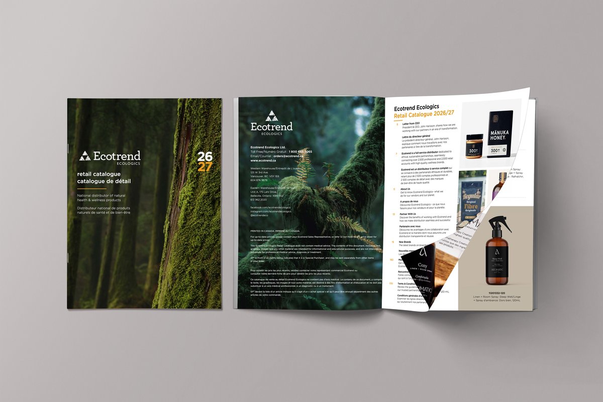 hazelbishop's tweet photo. When great design meets smart production. 🌿📖

For Ecotrend Ecologics, I designed a comprehensive annual retail catalogue that brought hundreds of products, brands, and marketing messages together into one cohesive experience.

The project focused on creating a catalogue that was visually engaging, easy to navigate, and efficient to produce—while keeping sustainability in mind. The result was a 27% reduction in marketing production costs, while improving the quality and sustainability of the finished materials.

Strategic graphic design can do more than make a catalogue look good—it can simplify complex information, strengthen a brand, improve production efficiency, and deliver measurable business value.

Need a catalogue, brochure, annual report, or other high-volume marketing piece?

👉 Explore my portfolio and let's work together:
https://t.co/Tjor3f2QXw

#CatalogueDesign #CatalogDesign #GraphicDesign #HazelBishopGraphics