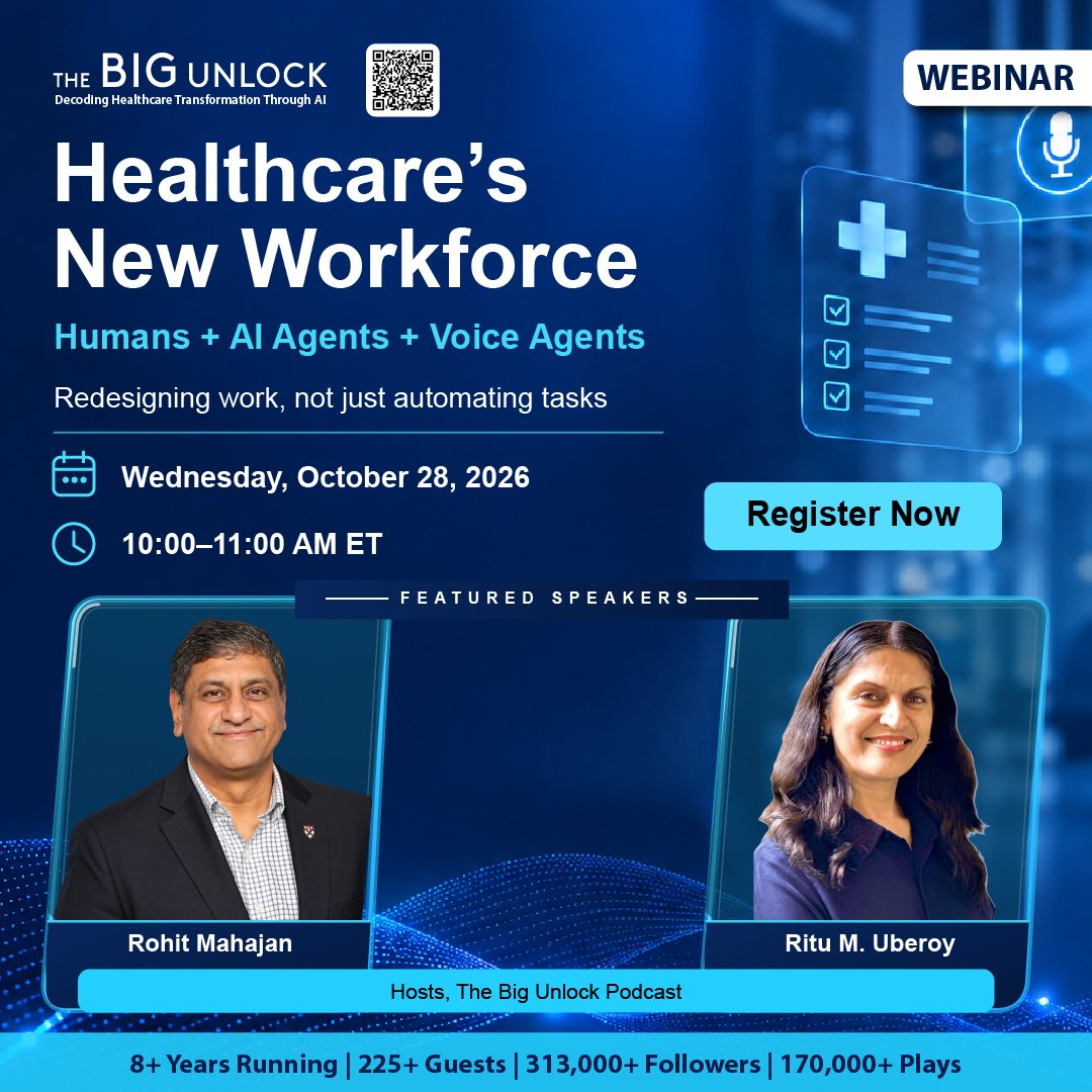 damoconsult's tweet photo. Join Rohit Mahajan and Ritu M. Uberoy for a practical conversation on how healthcare organizations can build a workforce model that combines human expertise with intelligent digital capabilities.
📅 October 28, 2026
⏰ 10:00–11:00 AM ET
Register now: https://t.co/8qmvnVH9HX https://t.co/AuO5YMVZZh