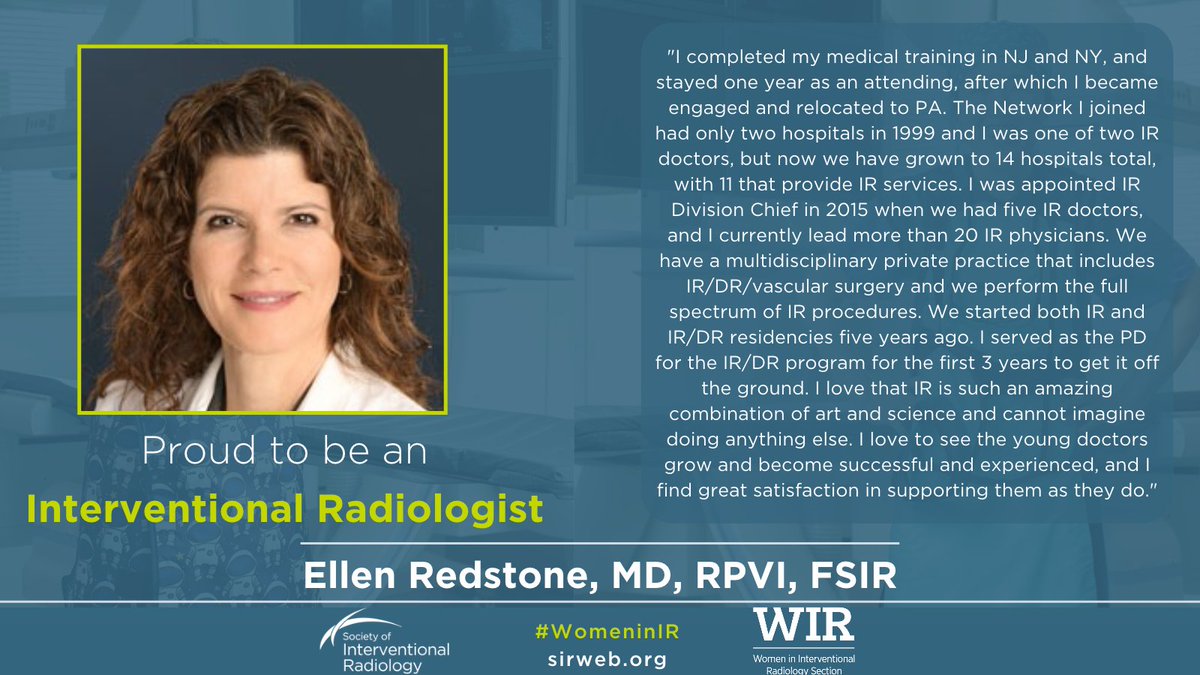 SIRspecialists's tweet photo. This #WomenInMedicineMonth, we are thrilled to be working with the SIR Women in IR section to share the stories and impacts of doctors like Ellen Redstone, MD, RPVI, FSIR. @womenirads https://t.co/RlnSo6PHxj