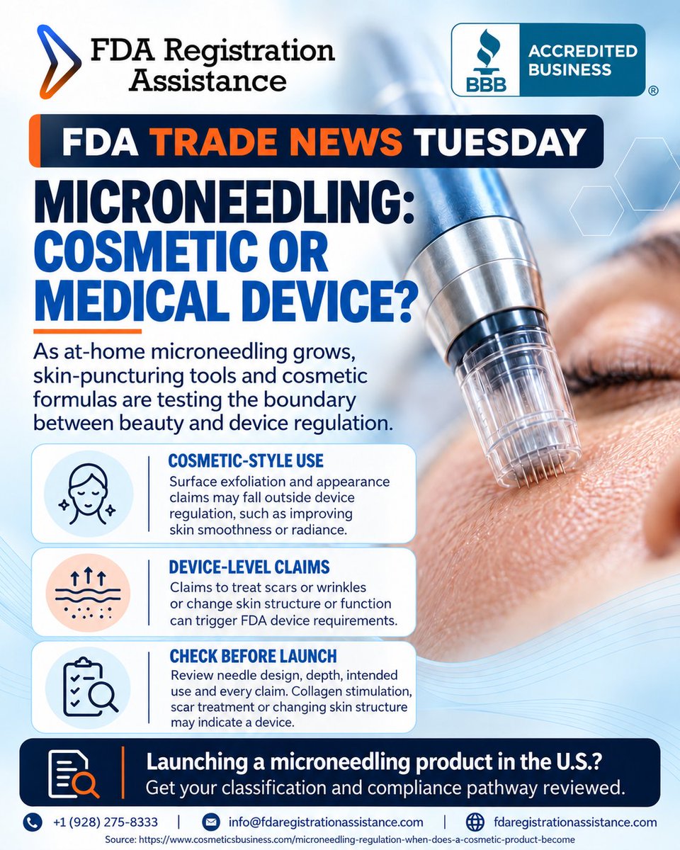 fda_assistance's tweet photo. 🩺 𝗖𝗼𝘀𝗺𝗲𝘁𝗶𝗰 𝗼𝗿 𝗺𝗲𝗱𝗶𝗰𝗮𝗹 𝗱𝗲𝘃𝗶𝗰𝗲? Microneedling classification can turn on needle design, intended use and claims. Treating scars or changing skin structure may trigger FDA device rules. Review before launch. https://t.co/uMEApqdpCP #FDACompliance https://t.co/dk4JwIO78F