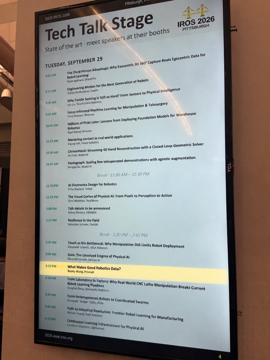 PrismaXai's tweet photo. In 15 minutes: @castorhat on the IROS Tech Talk Stage.

What makes good robotics data?

3:15 PM. Come for the talk, then find us at booth 1122. https://t.co/edznOm8OL7