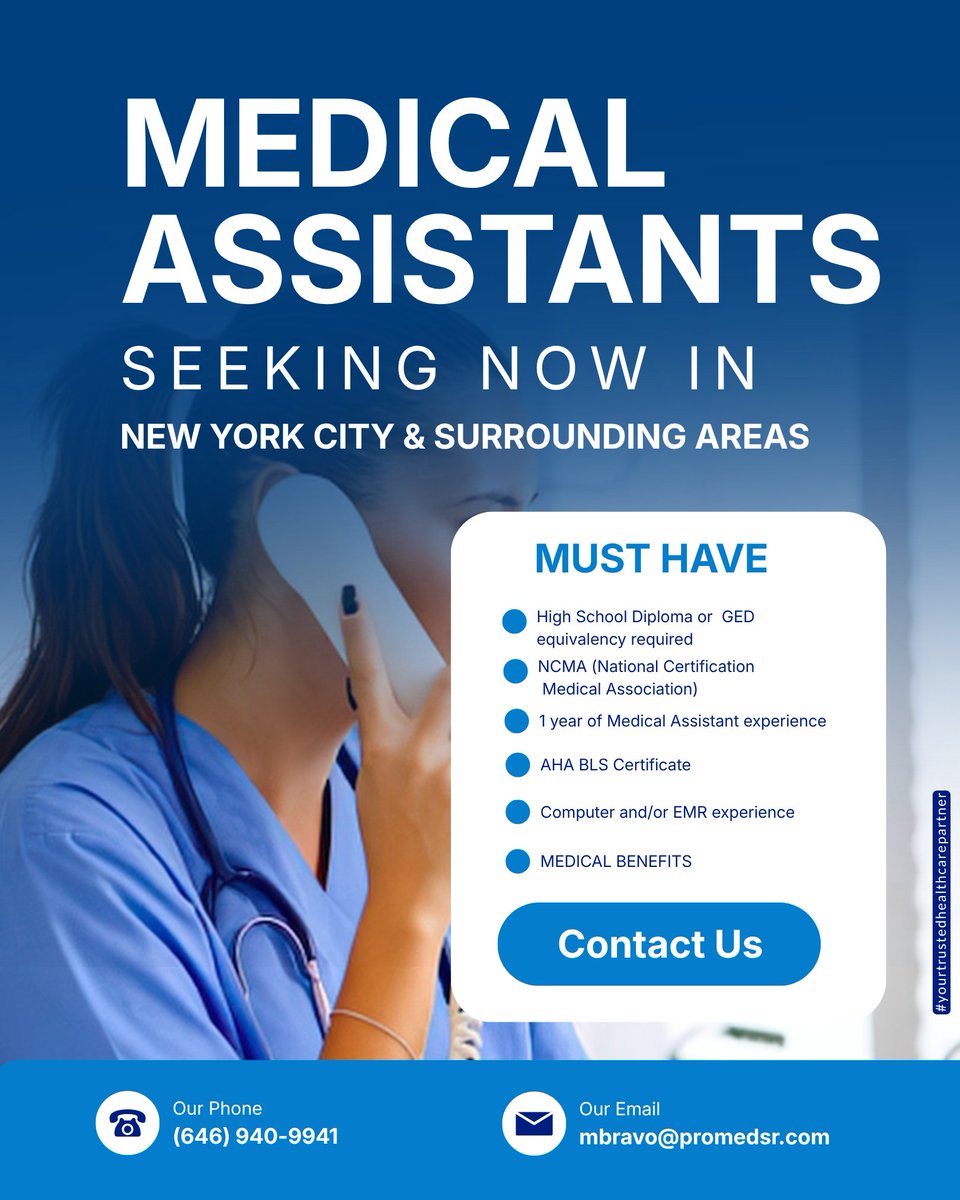 promed_staffing's tweet photo. Are you a #medicalassistant? Join ProMed Staffing Resources and gain access to full-time opportunities across #NYC. Contact Maria today at (646) 940-9941 or mbravo@promedsr.com.
#certifiedmedicalassistant #MAjobs #CMAjobs #healthcarejobs #promedsr #staffingagency #hiring https://t.co/oANRPP9uWj