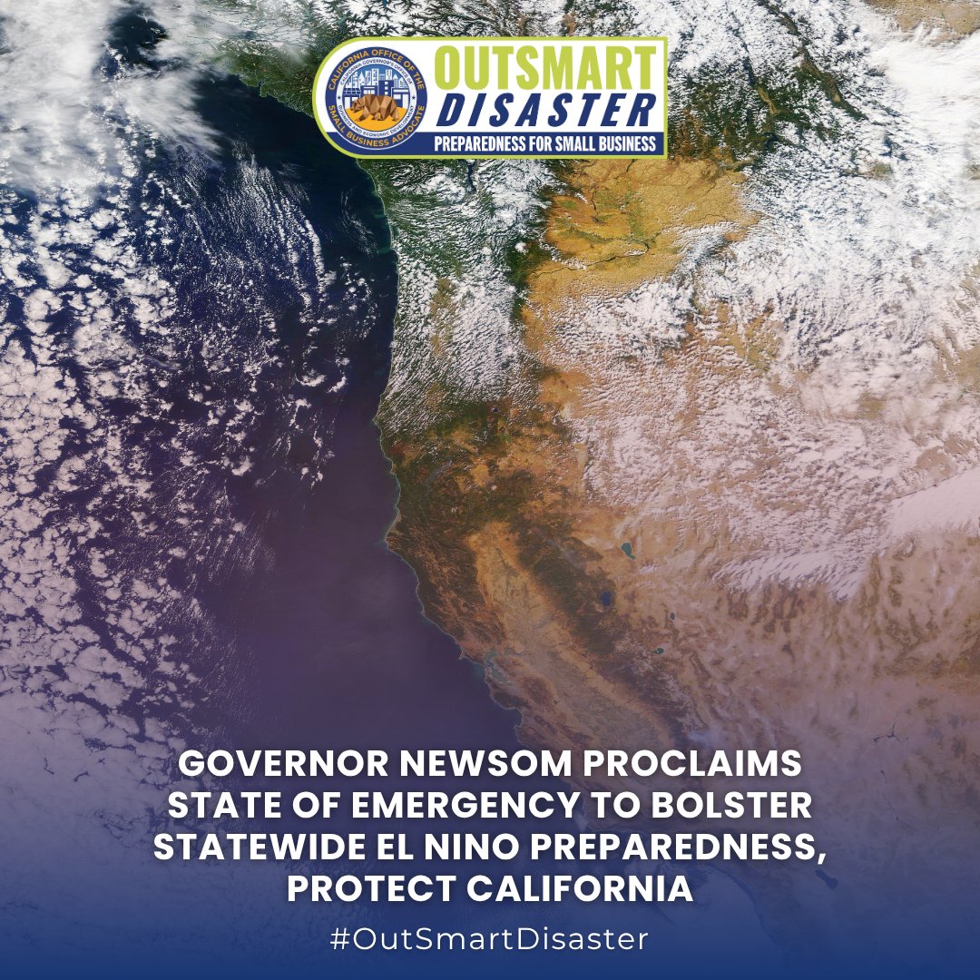CaliforniaOSBA's tweet photo. 🌧️ California is preparing for a potentially historic El Niño season. Is your small business ready?

🛡️ Through @OutsmrtDisaster CalOSBA offers resources to help businesses prepare for disruptions and strengthen resilience.

🔗: https://t.co/1nNPffQhXH

#CalOSBA #CAForSmallBiz https://t.co/iWYgwWGCcS