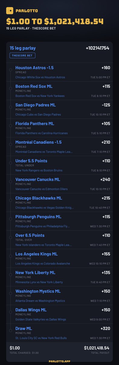 parlottoapp's tweet photo. Tip: once every ticket in a pack is tracked, rip another. The finished pack rolls up with a Complete tag and the new one is on top, ready to roll out.

Ticket on the board: $1 to $1,021,418.54 at theScore Bet. #NHL https://t.co/mfZGoaZbUq