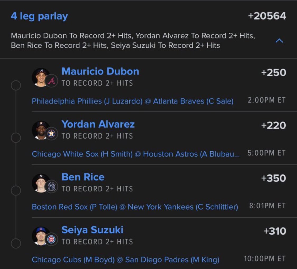 BiggestShy's tweet photo. 🔥⚾ 4-LEG MLB 2+ HITS PARLAY 🔥

🚀 +20564 ODDS

1️⃣ Mauricio Dubón — 2+ Hits (+250) 💥
2️⃣ Yordan Alvarez — 2+ Hits (+220) 🔥
3️⃣ Ben Rice — 2+ Hits (+350) 🎯
4️⃣ Seiya Suzuki — 2+ Hits (+310) 💣

⚡ 4 PLAYERS • 2+ HITS EACH • +20564

@MBWHYTESBET

#MLB #MLBPicks #HitParlay https://t.co/UA8zO0En60