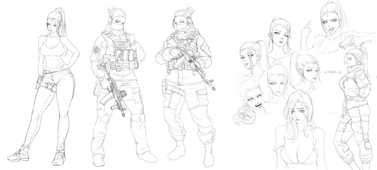 FerroGeronimo_'s tweet photo. She was originally designed as a gangster with a violent personality. In pursuit of excitement and more money, she joined PMC with her partner.
So this design was quickly discarded and I rewrote her story. The only setting that was inherited was her high ponytail hairstyle lol. https://t.co/gNa6CWkRqL