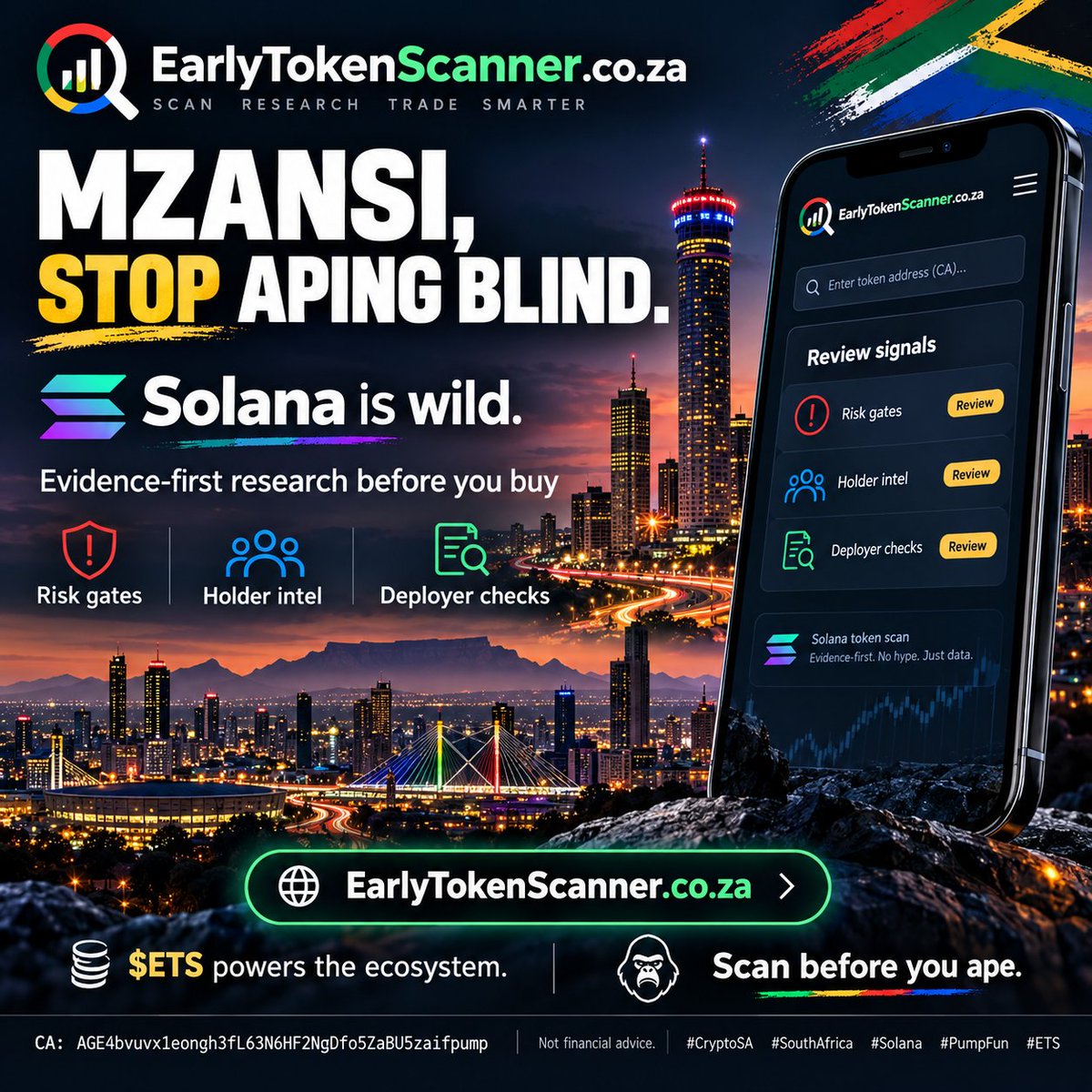 EarlyTokenSc's tweet photo. Mzansi, stop aping blind. 🇿🇦
Solana is wild.

 https://t.co/ANrkEp2RU4 gives you evidence-first research before you buy — risk gates, holder intel, deployer checks.
$ETS powers the ecosystem.

CA: AGE4bvuvx1eongh3fL63N6HF2NgDfo5ZaBU5zaifpump
Scan before you ape.
#CryptoSA #SouthAfrica #Solana #PumpFun ETS
Not financial advice.