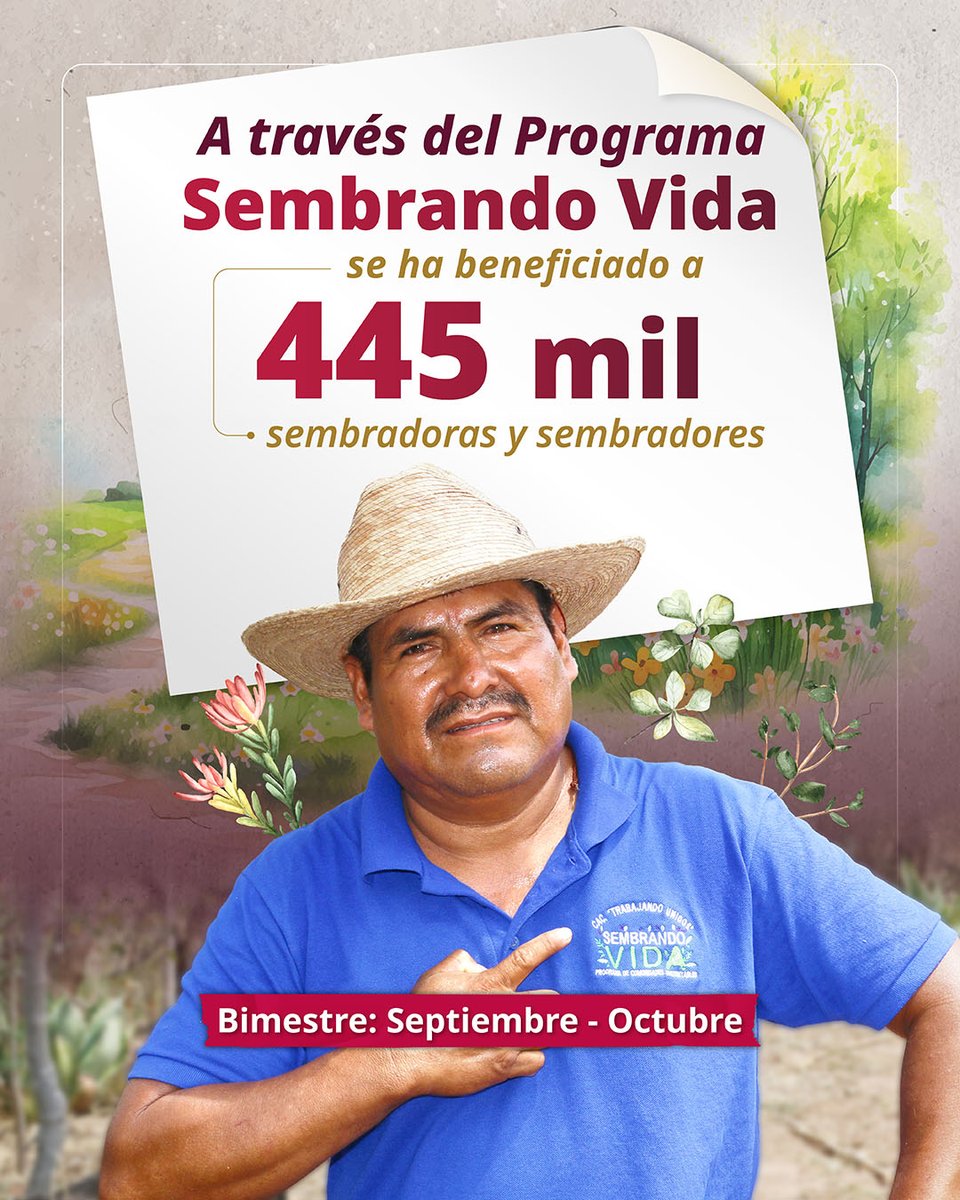 bienestarmx's tweet photo. Porque sembrar hoy es cultivar bienestar para las nuevas generaciones, 445 mil sembradoras y sembradores forman parte de #SembrandoVida.

Con su trabajo, el campo se fortalece, las comunidades avanzan y se cuida nuestra tierra.

#LaHonestidadDaResultados
#ConstruyendoBienestar https://t.co/VOTrabaPRV