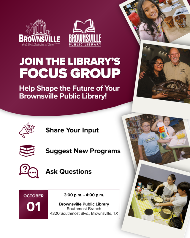 BTxRGV's tweet photo. The Brownsville Public Library wants to hear from you! Share your ideas and suggestions for new programs and services at tomorrow's Library Town Hall or Thursday's Focus Group session.
Learn more: https://t.co/gMOo2KCR9H
#BrownsvilleTX #BTXLibrary #TownHall #FocusGroup https://t.co/sI1DSZwmEm