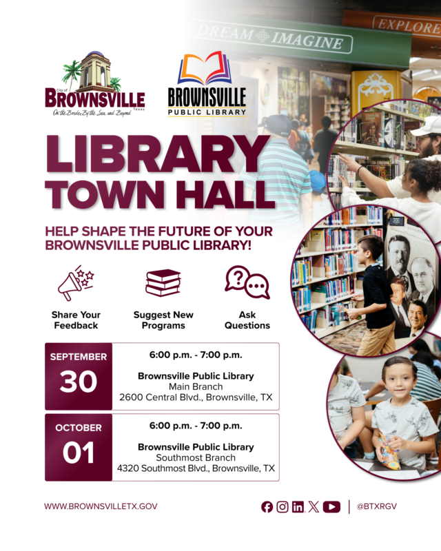 BTxRGV's tweet photo. The Brownsville Public Library wants to hear from you! Share your ideas and suggestions for new programs and services at tomorrow's Library Town Hall or Thursday's Focus Group session.
Learn more: https://t.co/gMOo2KCR9H
#BrownsvilleTX #BTXLibrary #TownHall #FocusGroup https://t.co/sI1DSZwmEm