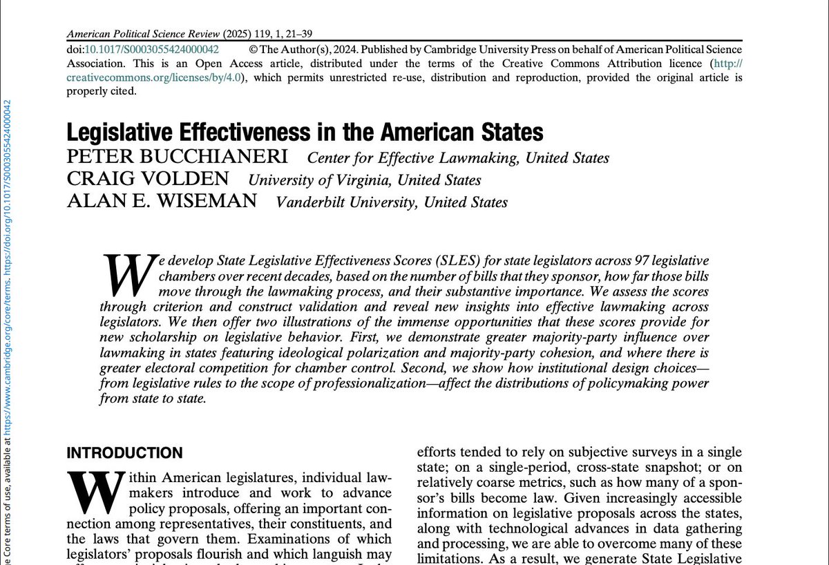 apsrjournal's tweet photo. Congratulations to @PBucchianeri, @craigvolden, and Alan E. Wiseman, winners of the Best Journal Article Award for "Legislative Effectiveness in the American States," published in the APSR. https://t.co/CCPyYKG8XU https://t.co/bx78V91kyw