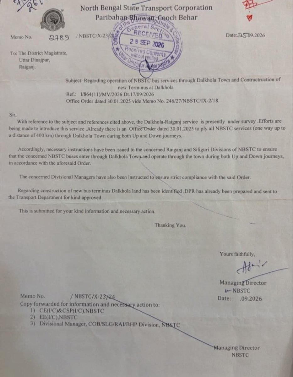dalkhola45's tweet photo. Good news for Dalkhola 

1) 2 NBSTC buses from October:
Dalkhola-Raiganj
Dalkhola-Siliguri

2) NBSTC buses will run through Dalkhola Town.

3) DPR for new Bus Terminus sent for approval.

Thanks Minister &amp; MLA @iBirajBiswas https://t.co/n8iGMbWHxD