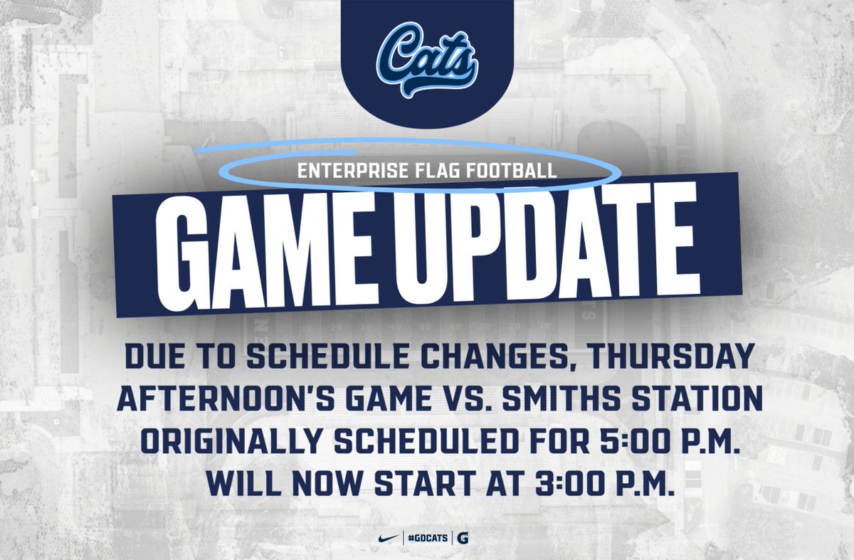 ehsflagfb's tweet photo. Due to schedule changes, Thursday afternoon's game vs. Smiths Station originally scheduled for 5:00 p.m. will now start at 3:00 p.m. and will be varsity only! | #GoCats https://t.co/ZPsc9JVoTe