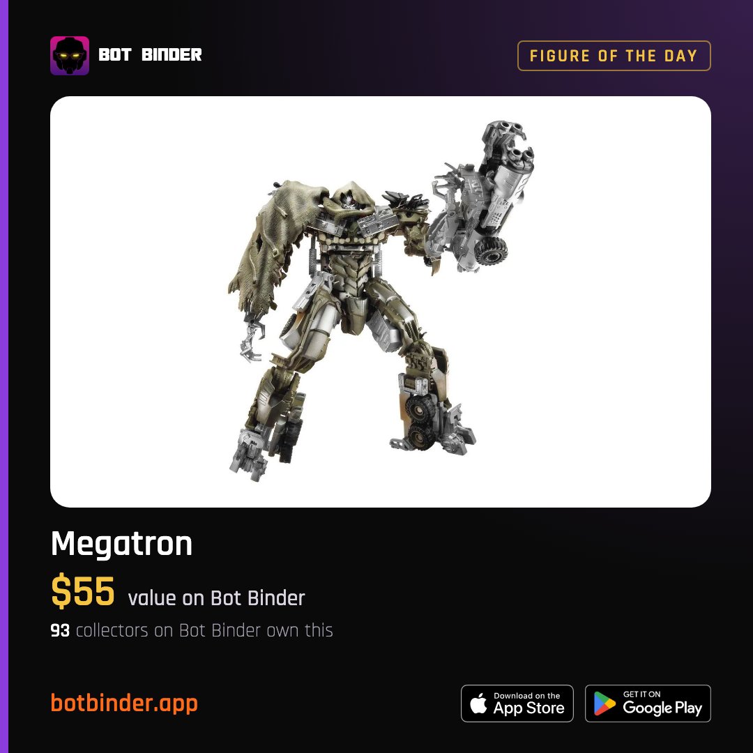BotBinderApp's tweet photo. 93 collectors on Bot Binder own the Dark of the Moon Megatron at $55. Mechtech or Mainline, same tyrant. Peace through tyranny.

https://t.co/CUlUcOn6ts
#Transformers #Megatron

Catalog your own collection. Join us on Bot Binder. https://t.co/z54qOtss40
