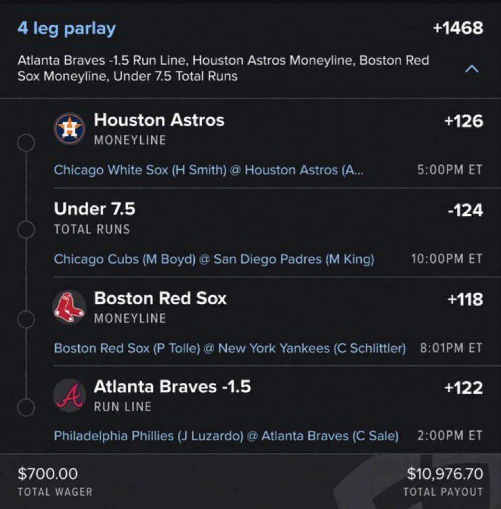 BiggestShy's tweet photo. 🔥⚾ 4-LEG MLB PARLAY 🔥

🚀 +1468 ODDS
💰 $700 WAGER → $10,976.70 PAYOUT

1️⃣ Houston Astros ML (+126) 🔥
2️⃣ Chicago Cubs vs San Diego Padres — Under 7.5 Runs (-124) 🎯
3️⃣ Boston Red Sox ML (+118) 💥
4️⃣ Atlanta Braves -1.5 Run Line (+122) ⚾

🎯 4 PICKS • +1468

@MBWHYTESBET https://t.co/MwNAZvJPTL