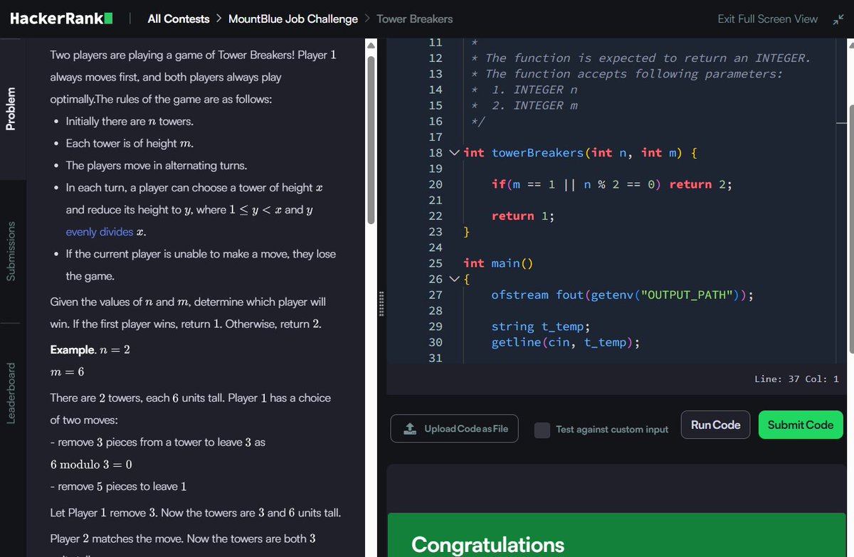 Muskanm_1227's tweet photo. Day 144/150 #150DaysOfCode | Daily DSA Practice β‘
1. Tower Breakers: O(1) TC | O(1) SC
2. Day of the Programmer: O(1) TC | O(1) SC
3. The Hurdle Race: O(N) TC | O(1) SC
4. Strong Password: O(N) TC | O(1) SC
#DSA #HackerRank #Cpp #Coding #Assessment #Mountblue https://t.co/rMgAA4FWF5