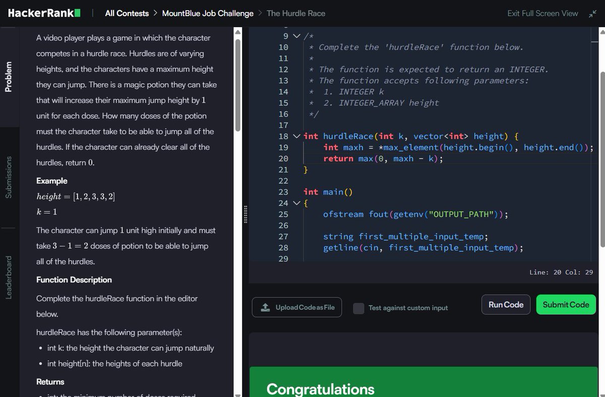Muskanm_1227's tweet photo. Day 144/150 #150DaysOfCode | Daily DSA Practice β‘
1. Tower Breakers: O(1) TC | O(1) SC
2. Day of the Programmer: O(1) TC | O(1) SC
3. The Hurdle Race: O(N) TC | O(1) SC
4. Strong Password: O(N) TC | O(1) SC
#DSA #HackerRank #Cpp #Coding #Assessment #Mountblue https://t.co/rMgAA4FWF5