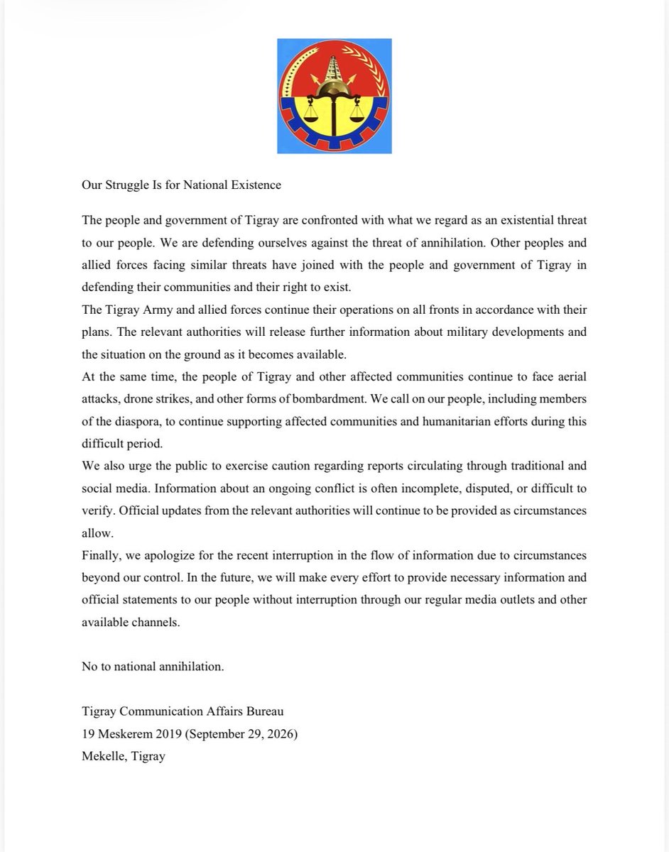 johniabraha's tweet photo. Update Sep 29,2026 
Statement from Tigray communications bureau. + unofficial translation to English. https://t.co/eIoJbt9N5K