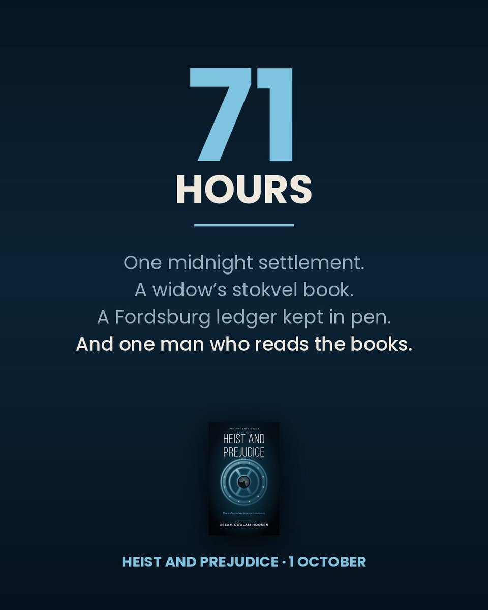 Aslamhoosen's tweet photo. 71 hours.
One midnight settlement.
A widow's stokvel book. A Fordsburg ledger kept in pen.
And one man who opens the books.

HEIST AND PREJUDICE · 1 October
#Thriller #SouthAfrica https://t.co/uT4CACaeVR