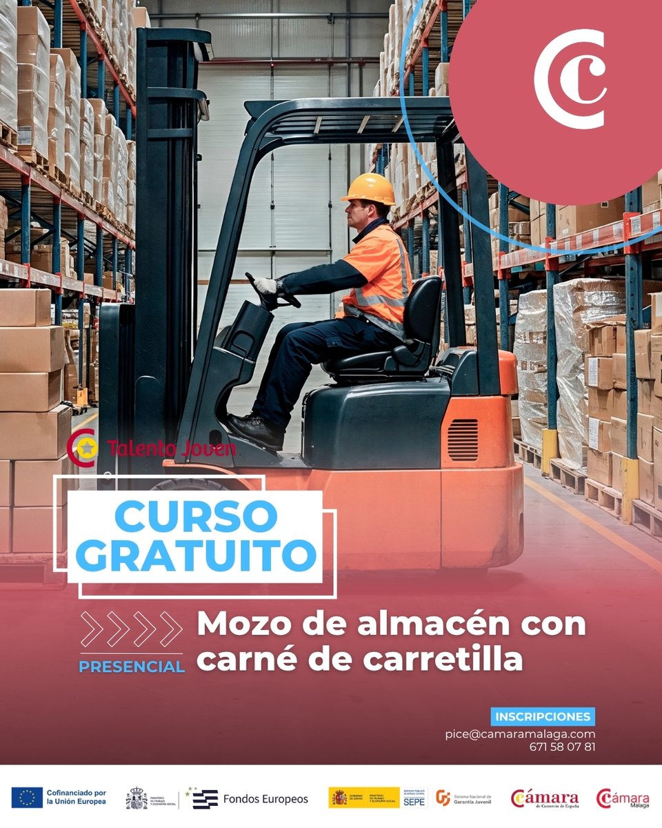 Camara_Malaga's tweet photo. 📦🚀 Fórmate en logística con el curso “Mozo de almacén con carné de carretilla”

La Cámara de Comercio de Málaga pone en marcha esta formación práctica orientada a adquirir las competencias necesarias para trabajar en el sector logístico y mejorar tu empleabilidad.

📆 Inicio: 3 de noviembre

En este curso aprenderás:
👉 Organización y gestión de almacenes
👉 Preparación y manipulación de mercancías
👉 Manejo de carretillas elevadoras y obtención del carné
👉 Procesos y operaciones básicas del sector logístico

Una formación práctica para adquirir nuevos conocimientos y abrir puertas a nuevas oportunidades profesionales. 🚀

🔗 Más información e inscripciones:
https://t.co/GGAWlgQ6Yq

#Formación #Logística #MozoDeAlmacén #Carretilla #Empleo #CámaraMálaga #OportunidadesProfesionales