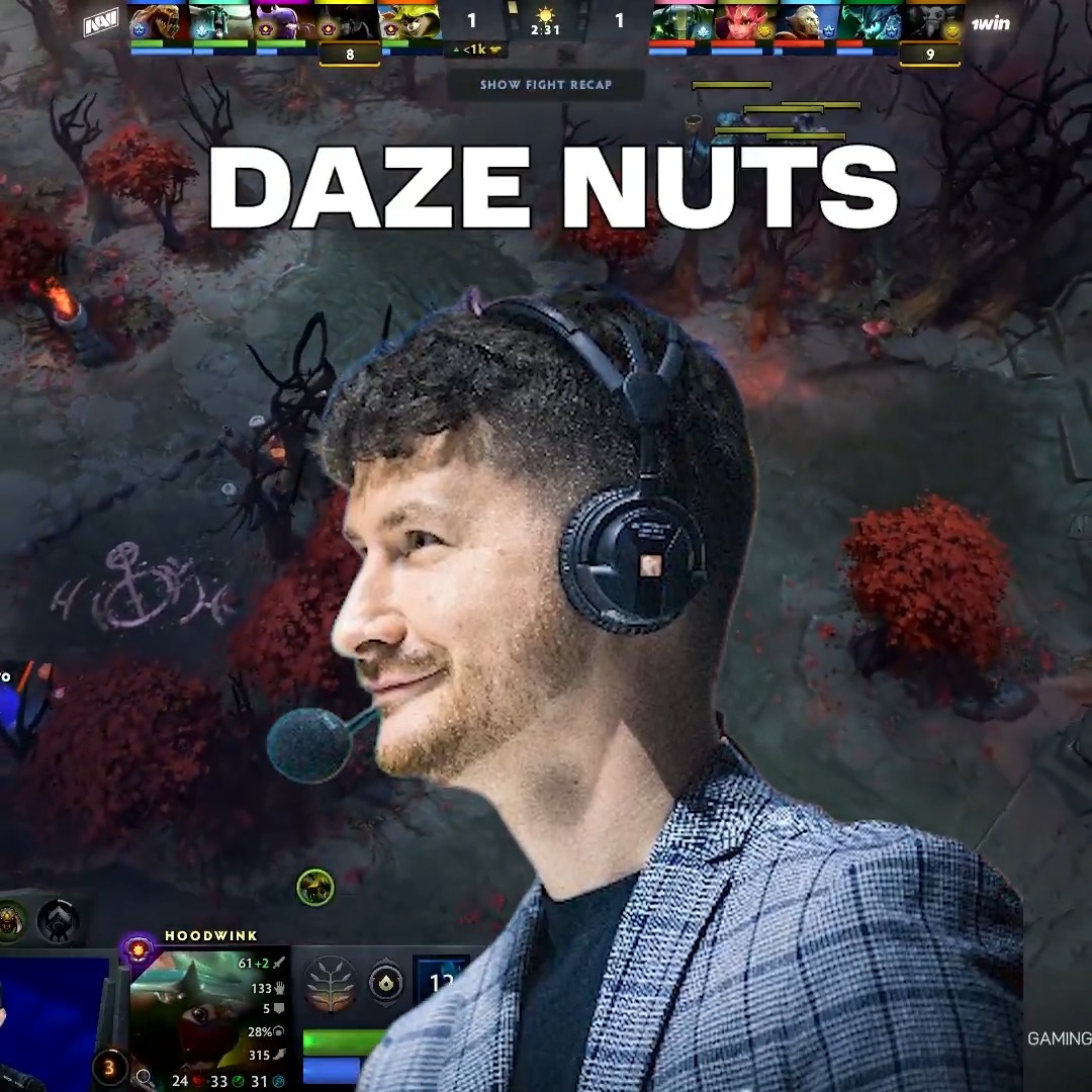 A gaming thumbnail showing a man wearing headphones overlaid on Dota 2 gameplay footage, with the bold text 'DAZE NUTS' across the top.